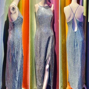 Vtg 90s confetti dot sequin silver blue prom maxi slip dres evening gown keyhole